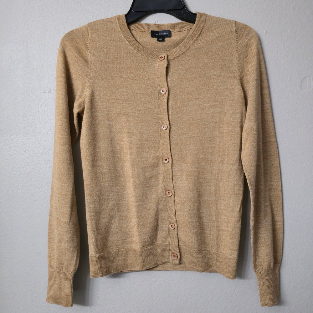 The Limited Tan Camel Heather Button Front Crew Neck Cardigan Sweater Small